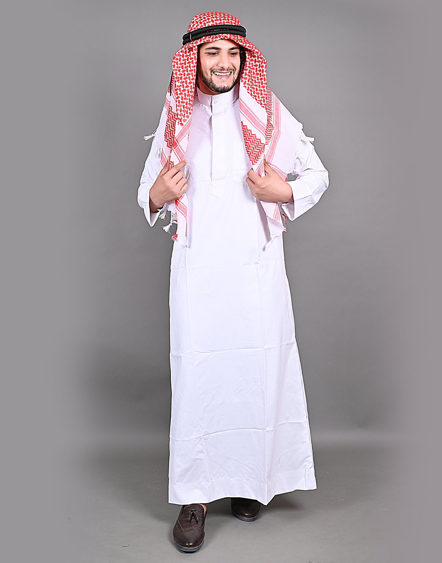 Nadwi Garments Special Arabian Jubba / Thobe White with Eqal and Red Rumal