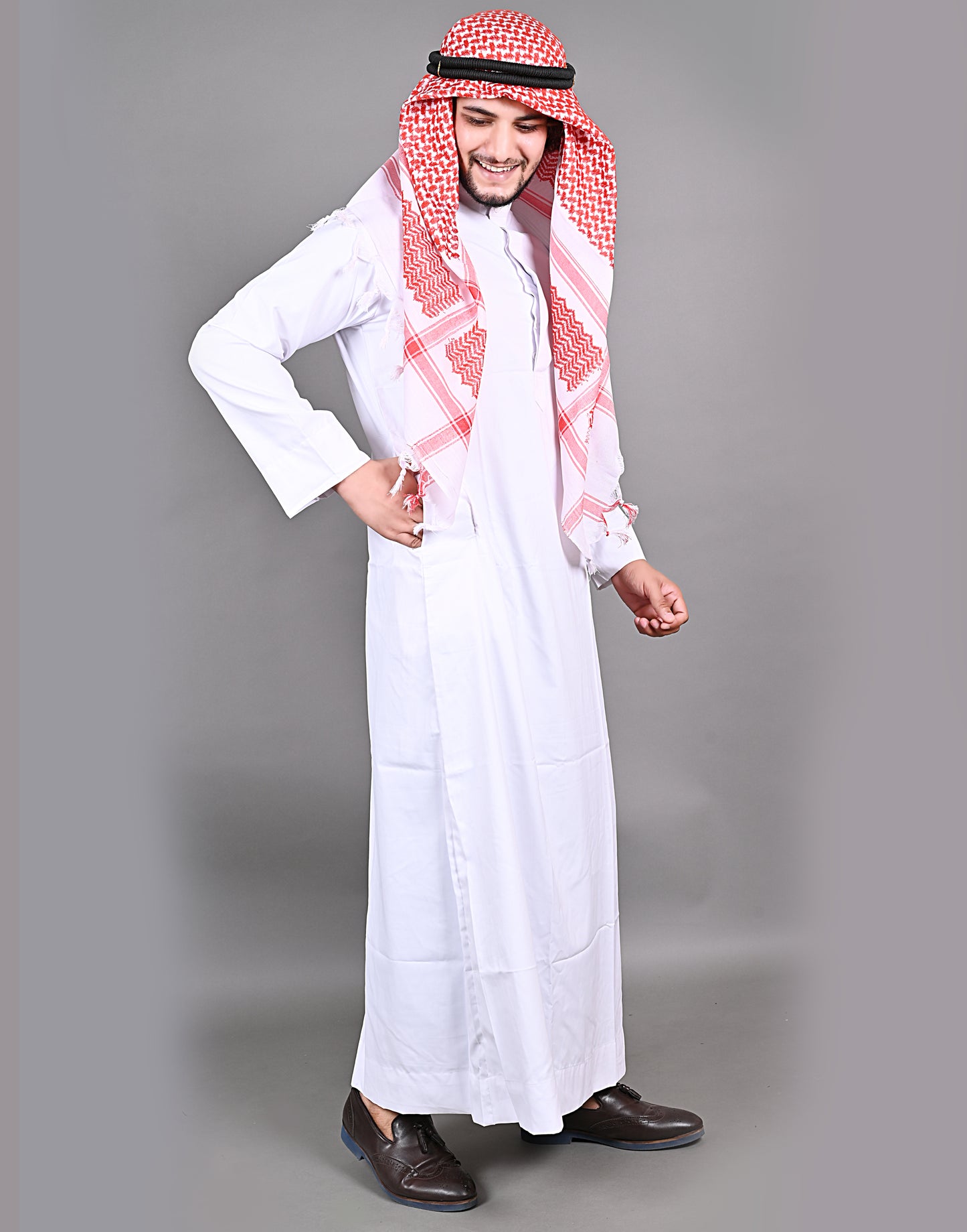 Nadwi Garments Special Arabian Jubba / Thobe White with Eqal and Red Rumal