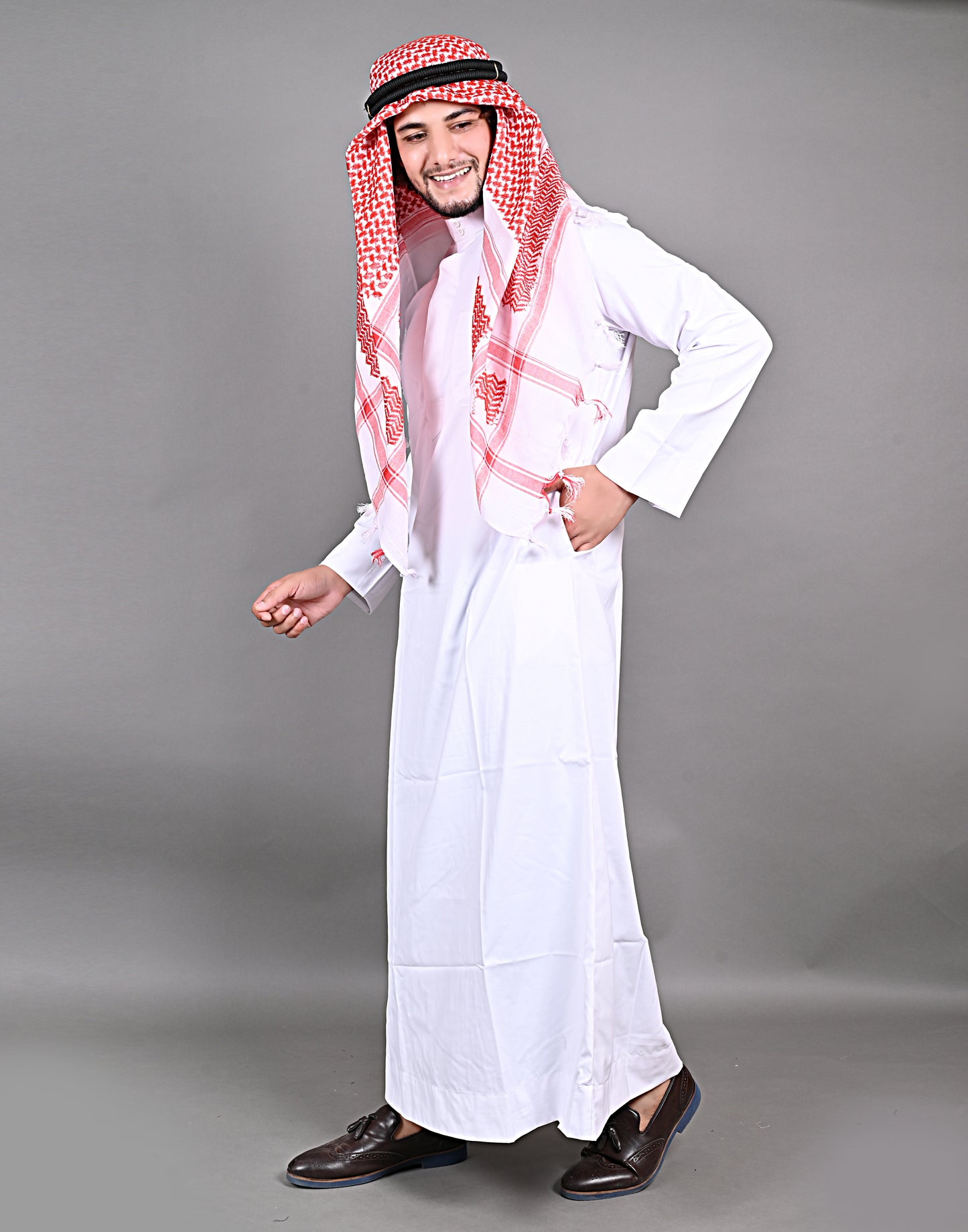 Nadwi Garments Special Arabian Jubba / Thobe White with Eqal and Red Rumal