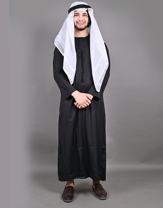 Nadwi Garments Special Omani Jubba / Thobe Black with Eqal and White Rumal