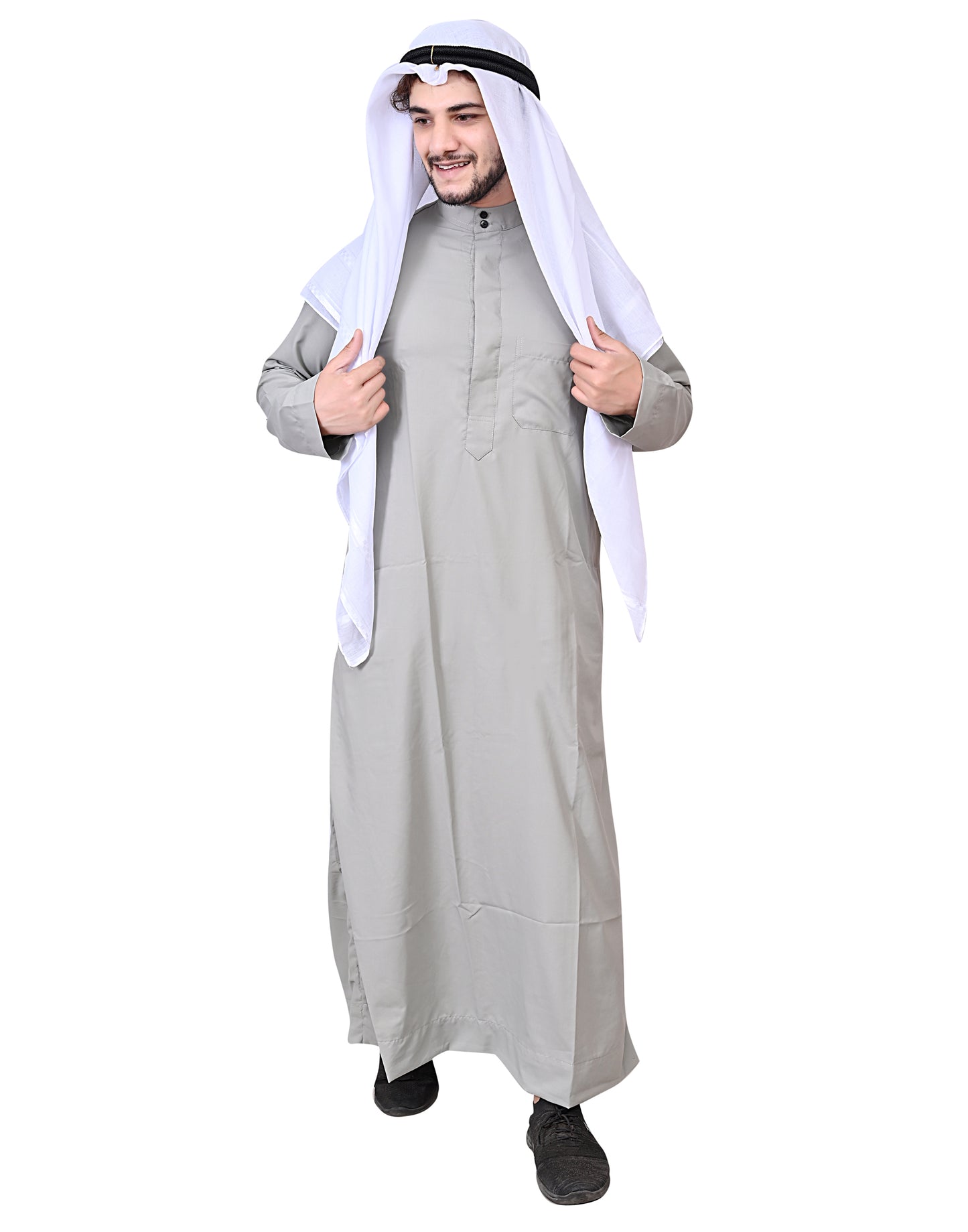 Nadwi Garments Special Arabian Jubba / Thobe with Eqal and Red Rumal Light Grey