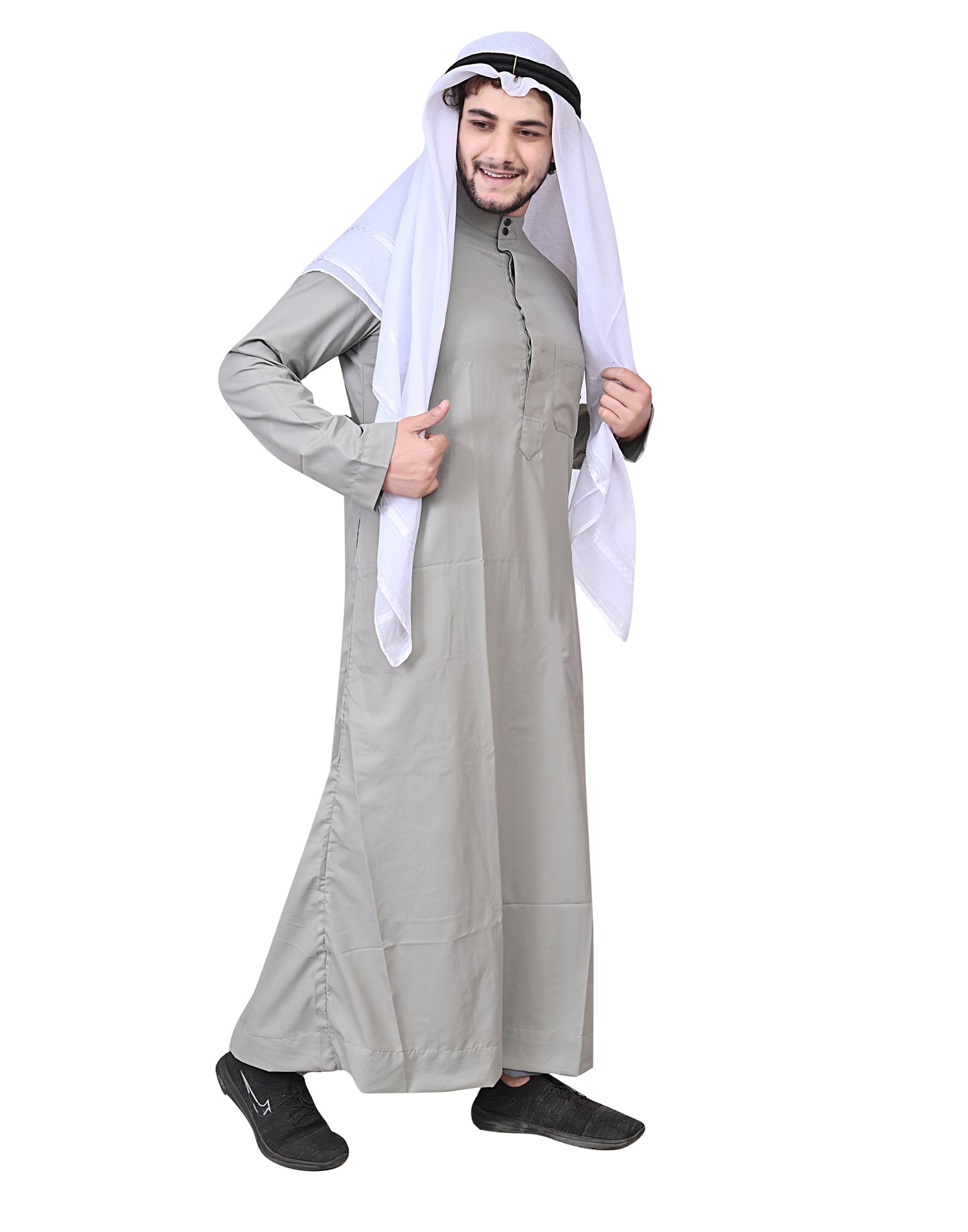 Nadwi Garments Special Arabian Jubba / Thobe with Eqal and Red Rumal Light Grey