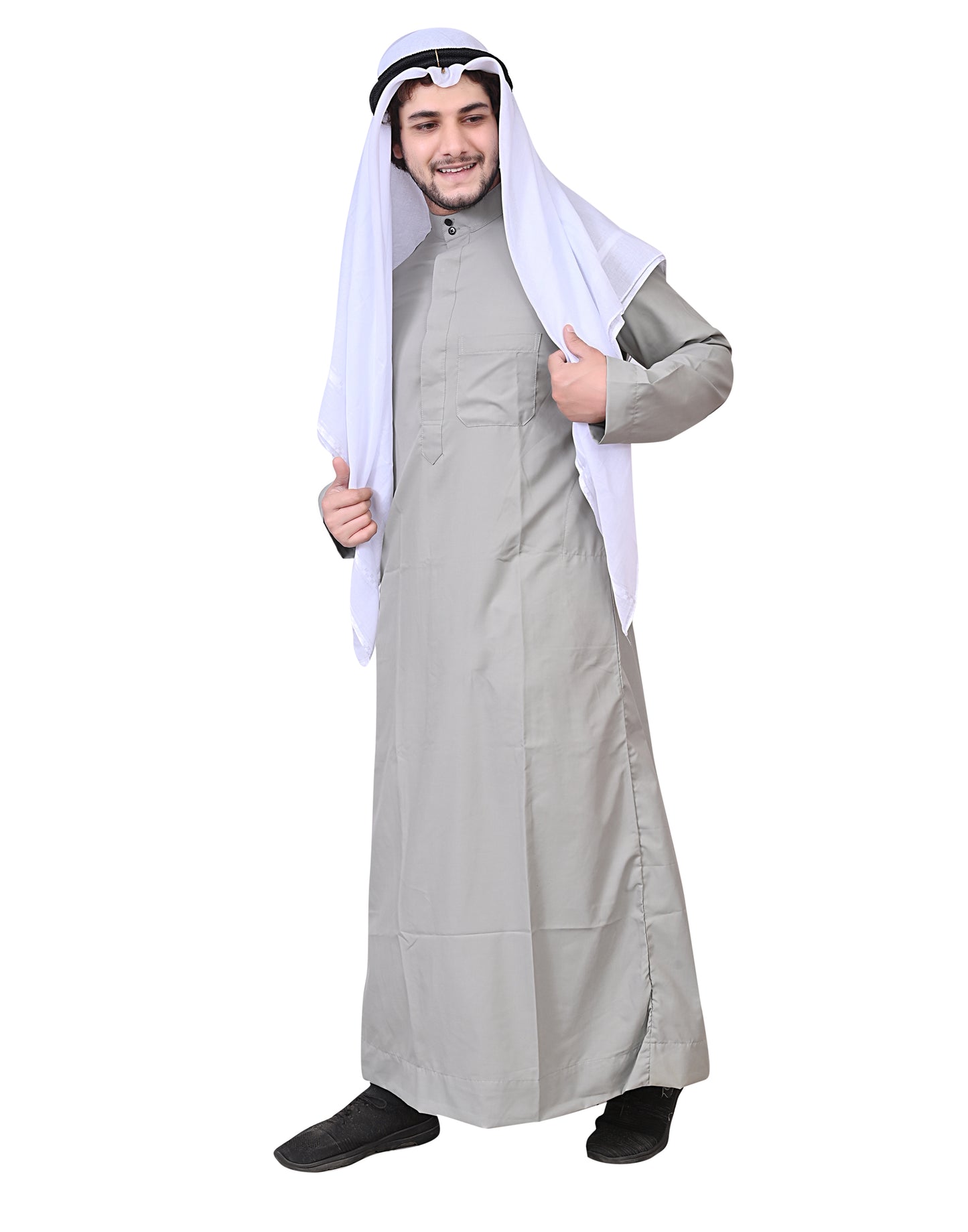 Nadwi Garments Special Arabian Jubba / Thobe with Eqal and Red Rumal Light Grey